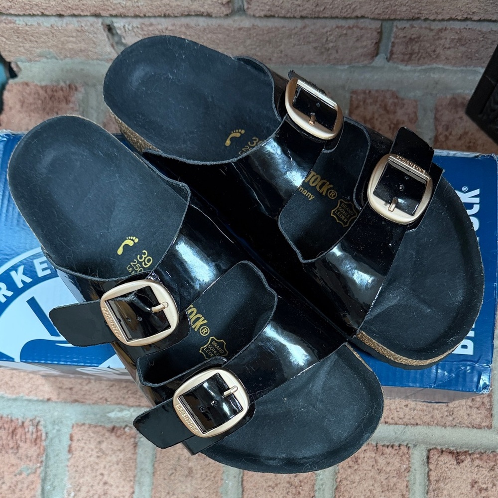 Birkenstock Black Patent Big Two-Buckle Slide Sandals Size 39 (8.5-9) NWBox - Picture 6 of 7